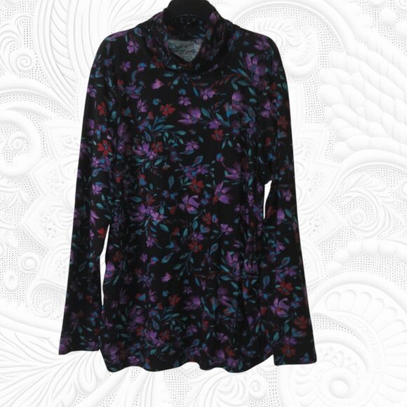 Coldwater Creek 1X Navy Blue Floral Turtleneck Long Sleeve Top - Picture 1 of 3